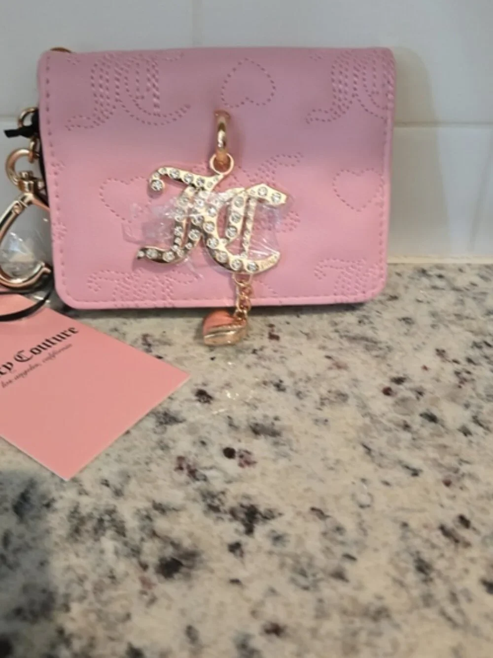 Juicy Couture Flamingo Wallet – Gold Heart Keychain & Logo Charm –